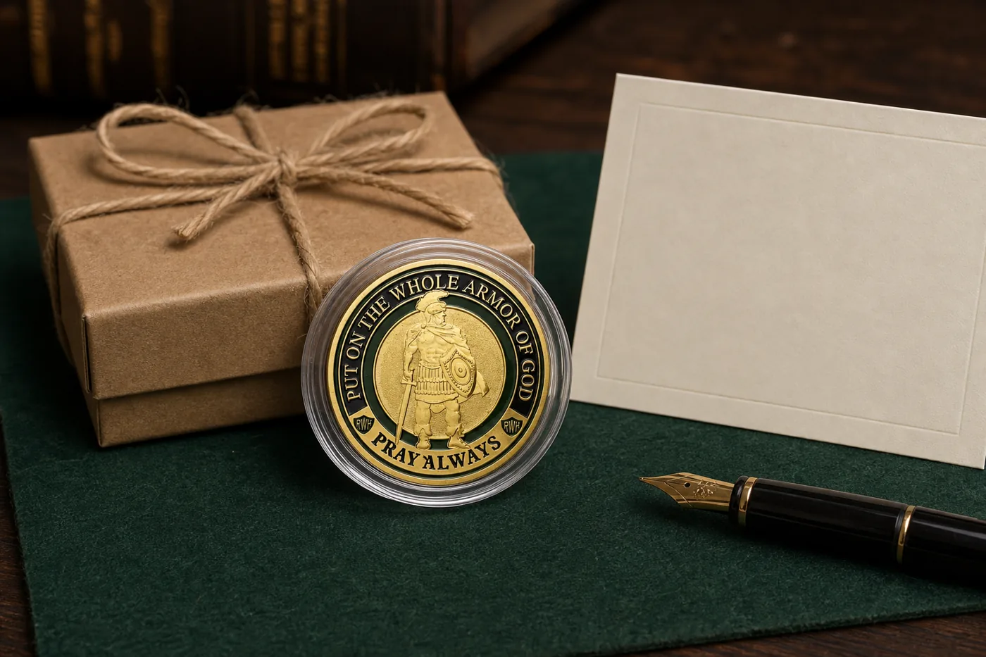 Reverse of the Solemnity Armor of God coin arranged with a kraft gift box and blank note card